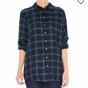 OPUS Fabina Check Tunic Length Button Front Shirt Womens Size 10 Navy Blue Plaid